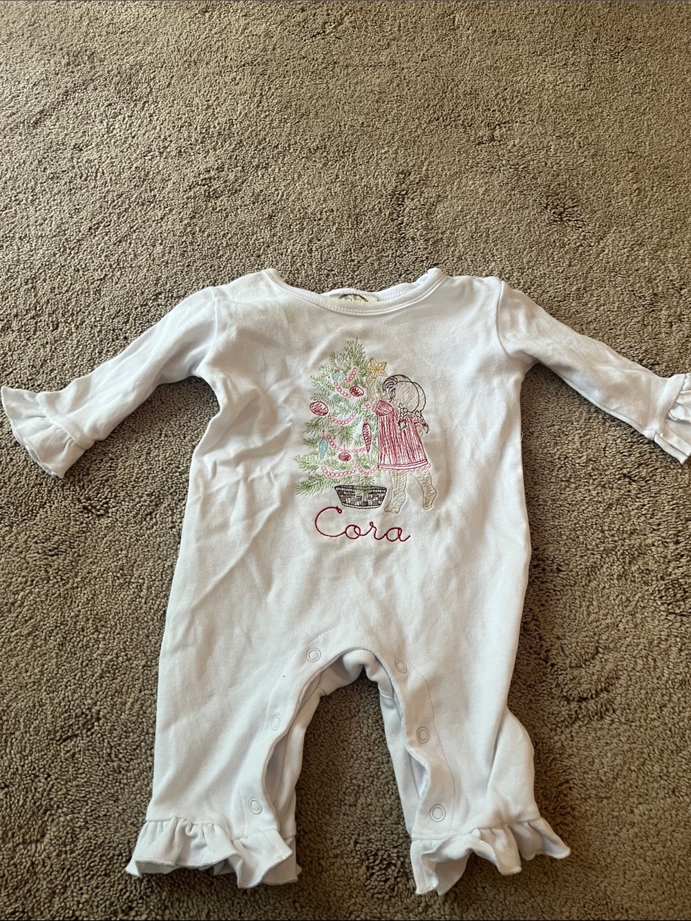 Cora- Christmas White Baby One-Piece with Pink Tree Embroidery